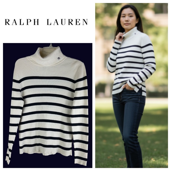 Ralph Lauren Sweaters - Ralph Lauren Turtleneck Sweater Large Striped Navy Blue White Ribbed Luxury